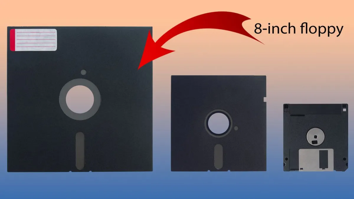 This image displays vintage floppy disks that evolved from eight inch prototypes to three inch formats.