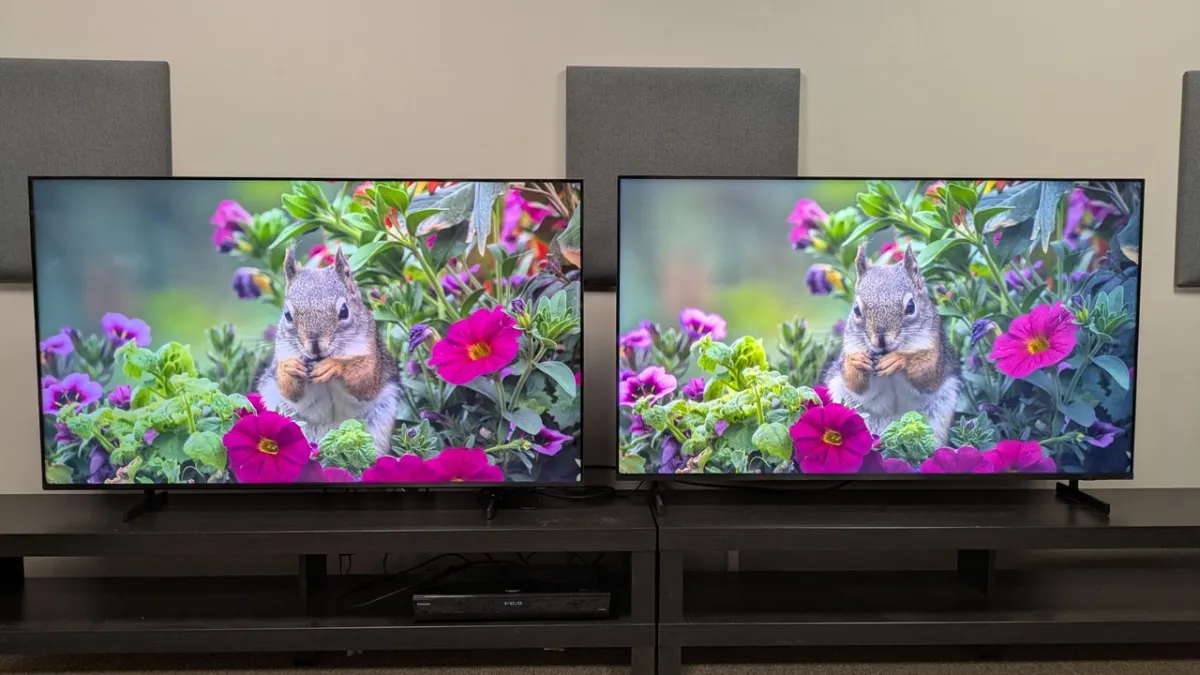 Samsung QN80H, M80H, and QN90F mini-LED televisions are displayed side by side for model comparison.