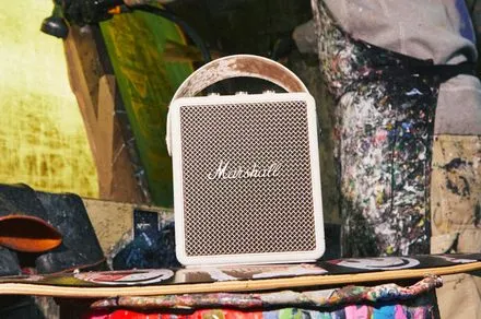 The Marshall Stockwell III portable speaker displays its modular exterior and accessible replaceable battery compartment.