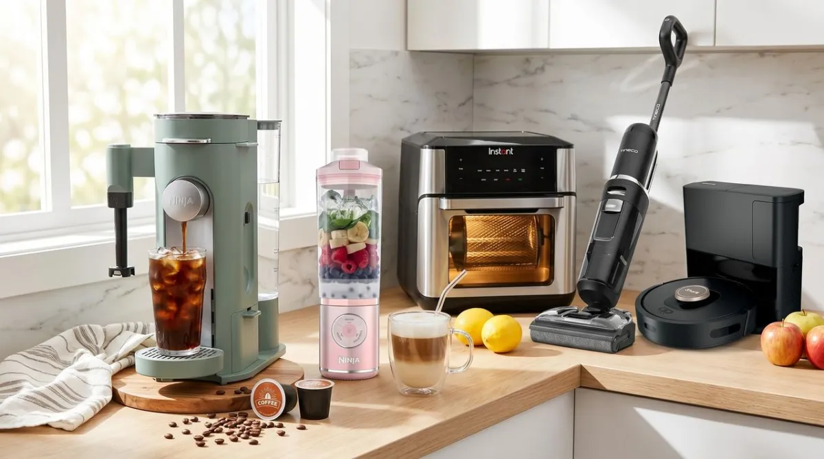 Discounted kitchen appliances including portable blenders, pressure cookers, air fryers, and floor cleaners.