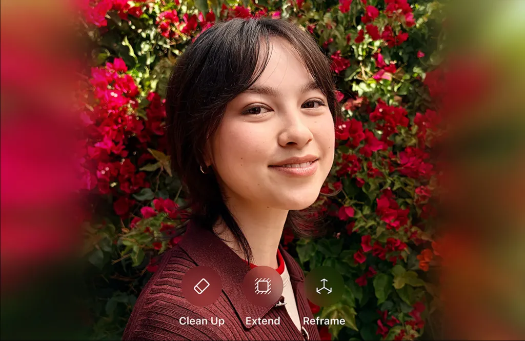The iPhone screen displays the iOS 27 interface for adjusting photo composition using artificial intelligence.