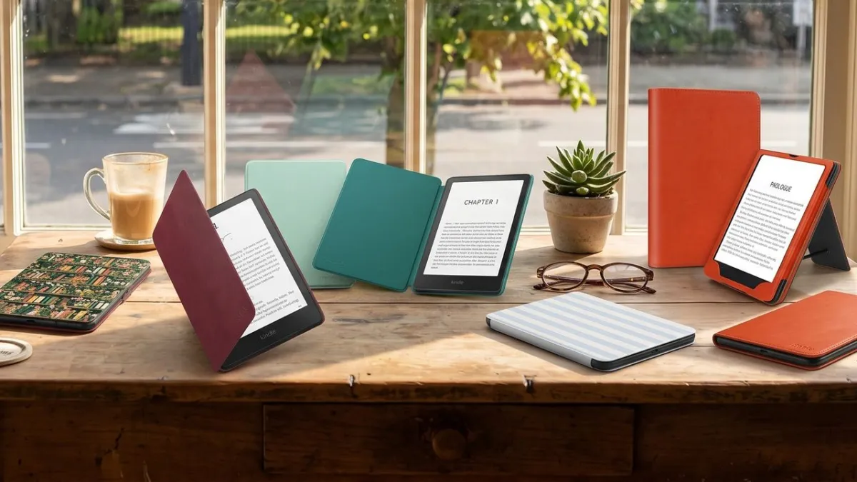 Kindle Colorsoft and Paperwhite e-readers displayed side by side