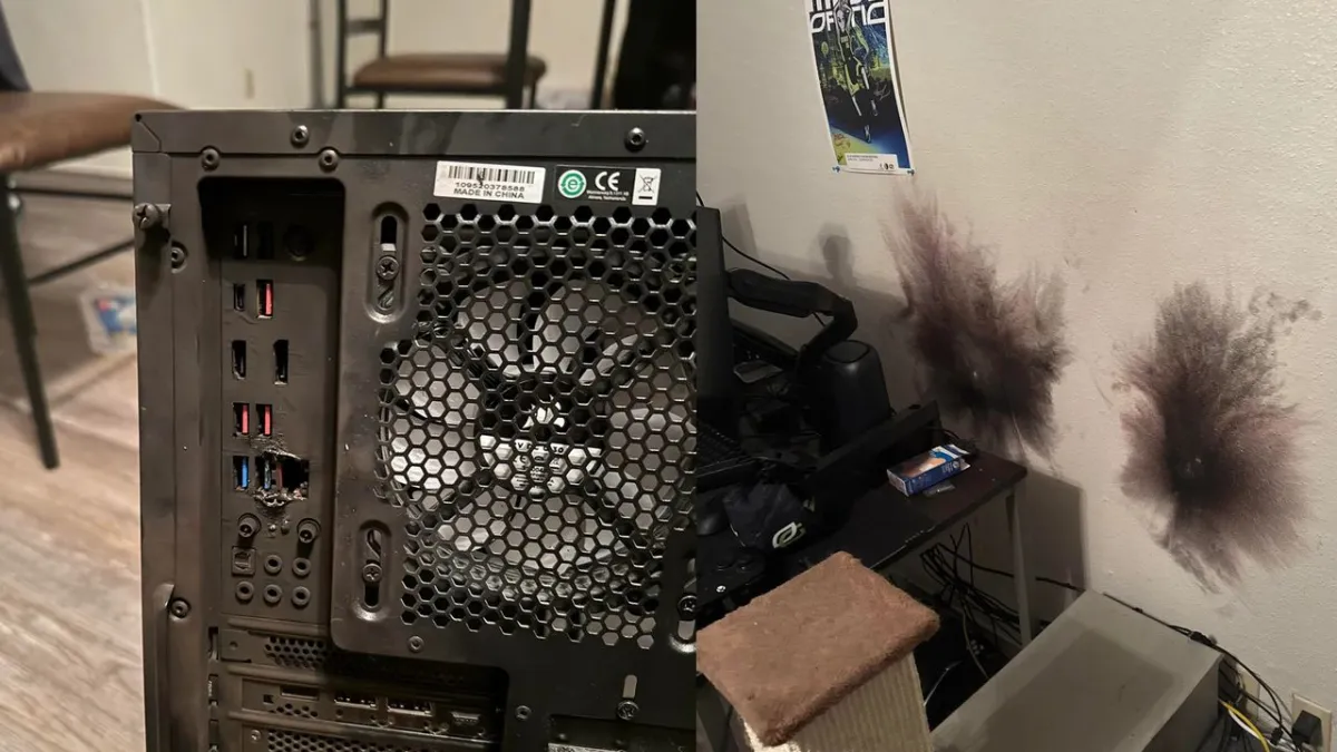 Damaged networking equipment and scorched coaxial cable connections caused by a residential lightning surge.