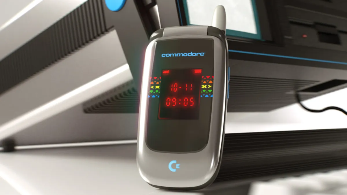 The Commodore Callback 8020 flip phone features a compact design with a small external display and physical keypad.
