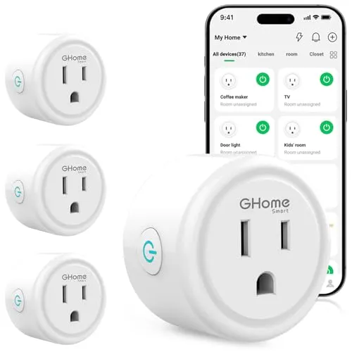 A smart plug displays real-time energy consumption data on its integrated screen.