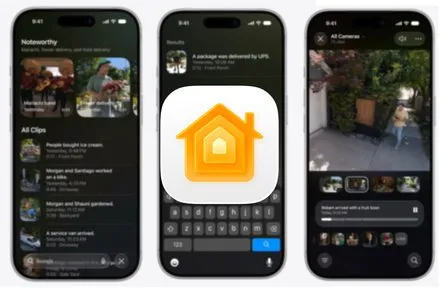 The Apple Home app interface displays AI-driven notification grouping and camera search features.