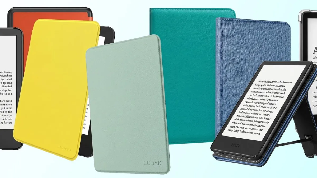 Protective case fitted on a six-inch e-reader showing precise edge alignment and textured material.