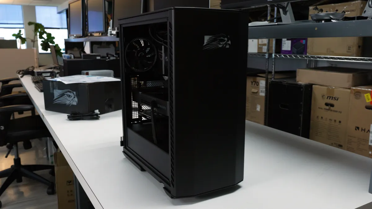 Falcon Northwest Talon desktop computer displaying custom chassis design and internal hardware layout