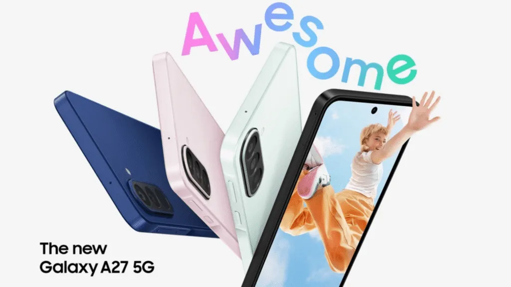 The Samsung Galaxy A27 smartphone is shown from the front and back against a plain background.