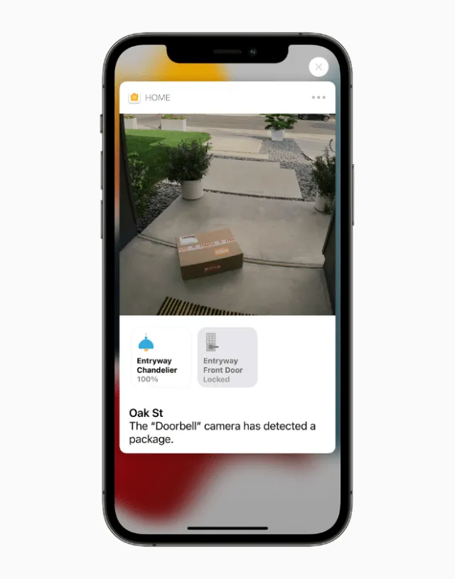 iPhone screen displaying HomeKit Secure Video interface with AI video summaries and camera settings