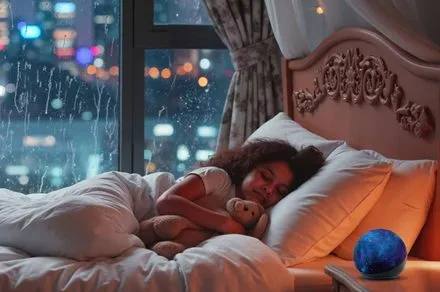 An Echo Kids device displays the Sleep Studio interface tailored for child bedtime routines.