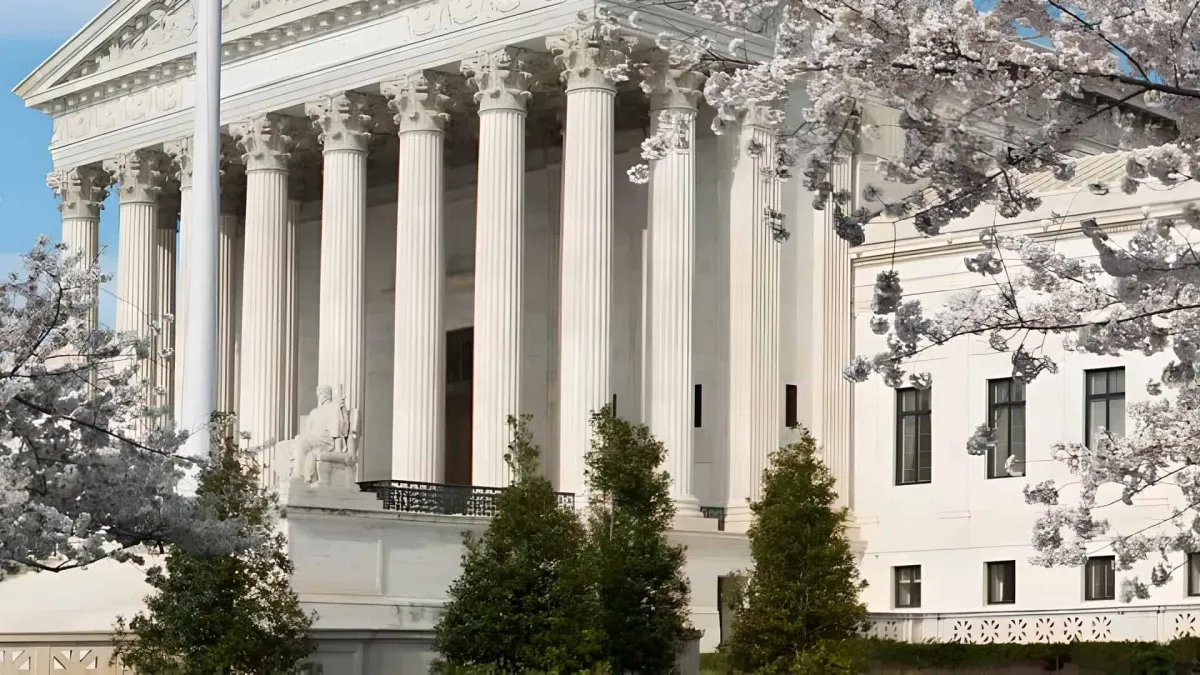 The Supreme Court building stands prominently while legal documents symbolize federal regulatory authority.