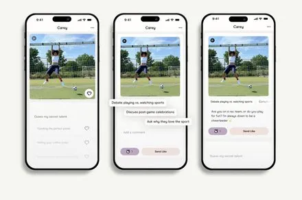 A smartphone displays the Hinge app interface alongside artificial intelligence conversation prompts.
