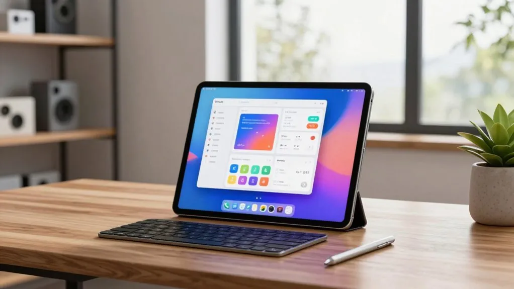 A professional works on a large tablet alongside a laptop and external keyboard.