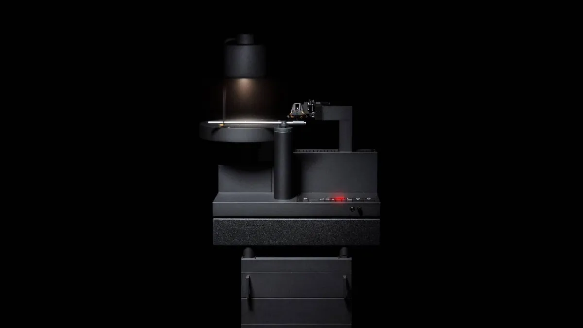 Teenage Engineering APC-2 professional record cutter displaying its vacuum chamber and precision motor assembly.