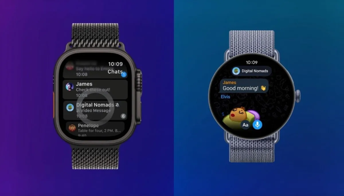 The Telegram smartwatch application displays messaging and voice features for Wear OS and Apple Watch.