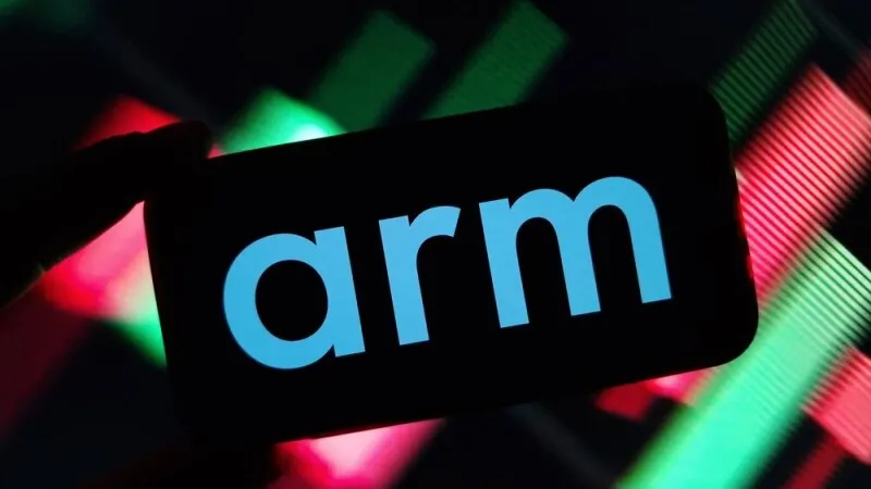 Arm-powered server rack in a modern data center with blue ambient lighting