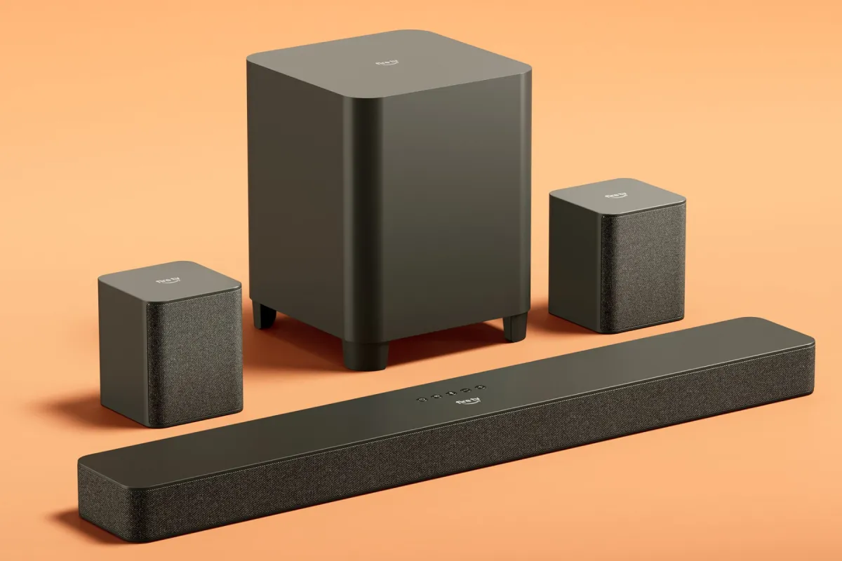 The Amazon Fire TV Soundbar Plus wireless kit includes a main soundbar, a wireless subwoofer, and two rear speakers.