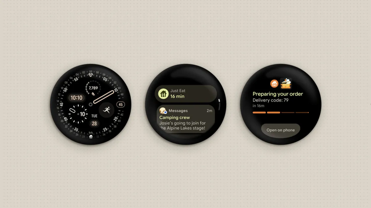 Pixel Watch screen displaying the Wear OS 7 update interface with Gemini AI features and live notifications.