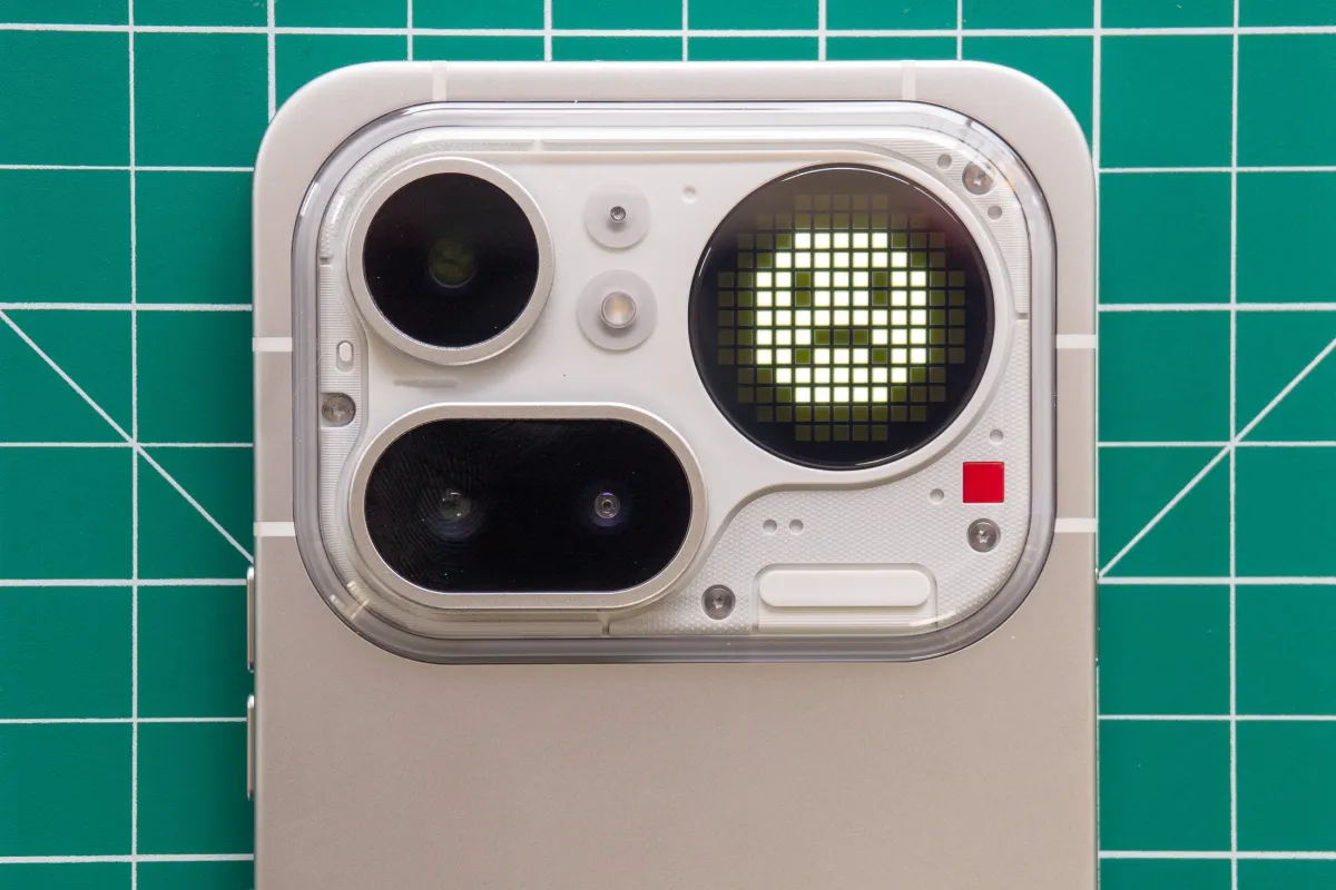 A Nothing smartphone displays its physical design and screen interface.