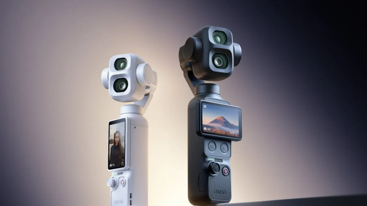 The DJI Osmo Pocket 4P compact gimbal camera features a dual-camera setup with a 1-inch sensor and a 60mm telephoto lens.
