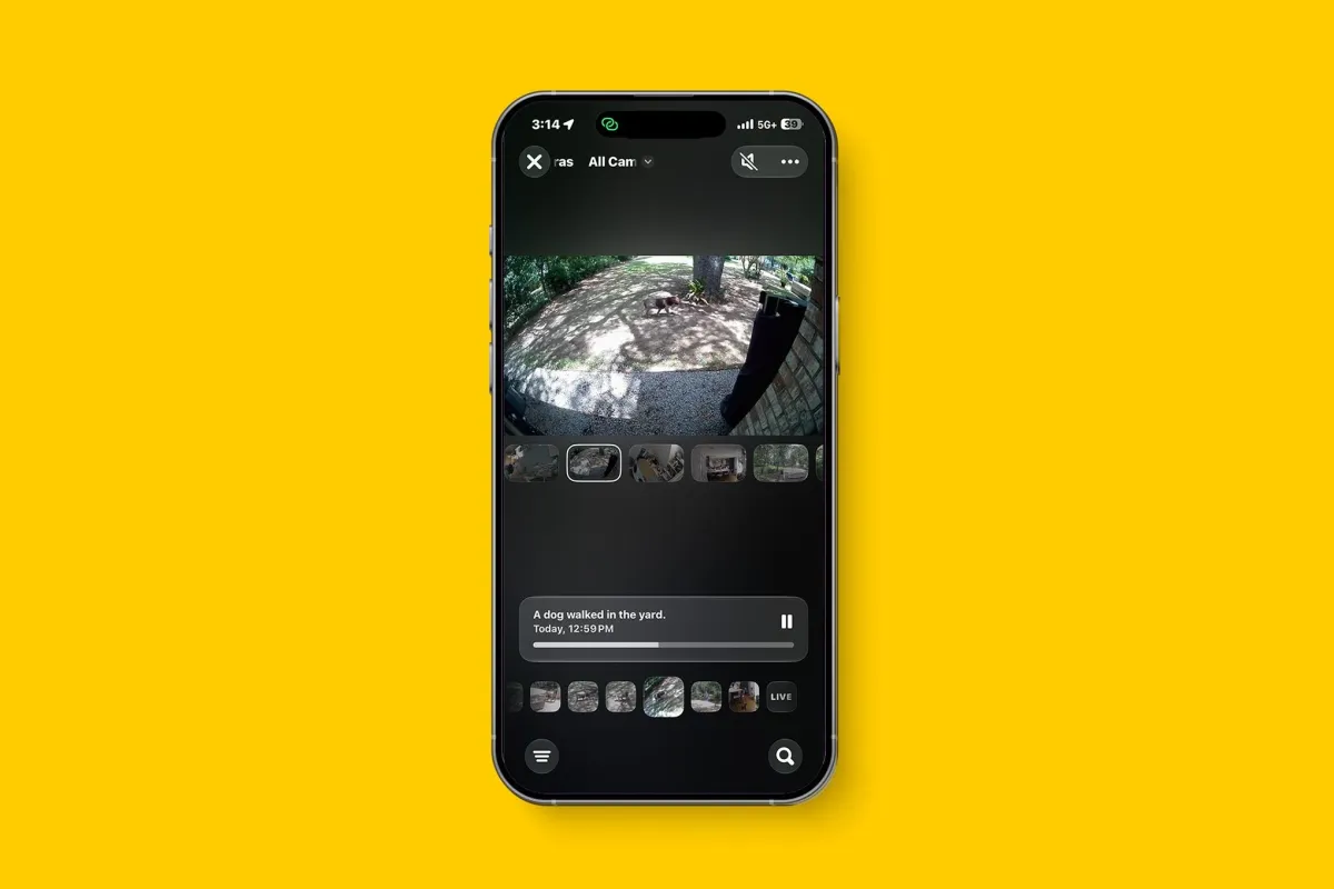 HomeKit Secure Video interface displaying artificial intelligence features and natural language search options