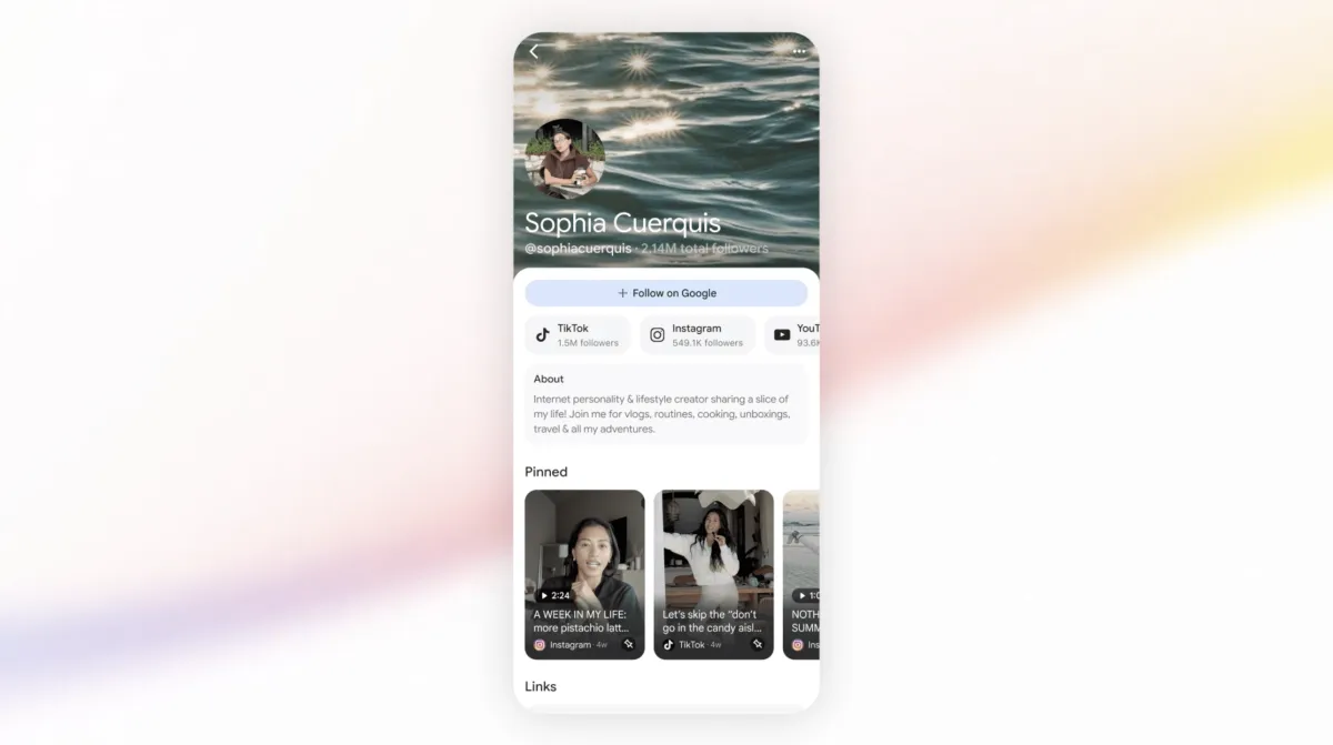 Google search interface displaying customizable profiles for verified creators