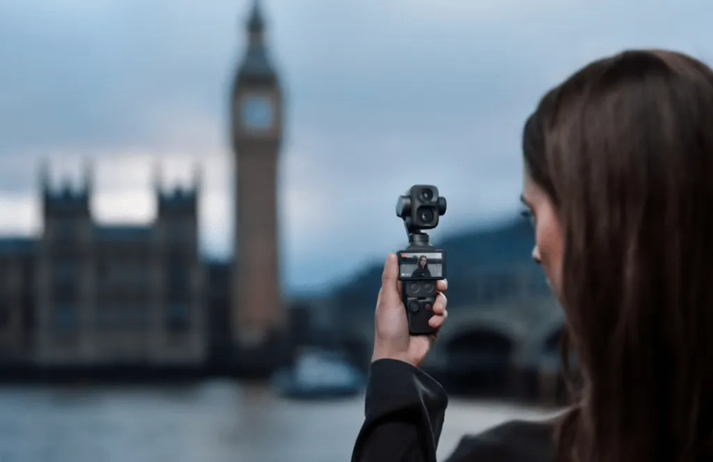 The DJI Osmo Pocket 4P compact gimbal camera features a dual-camera lens configuration.