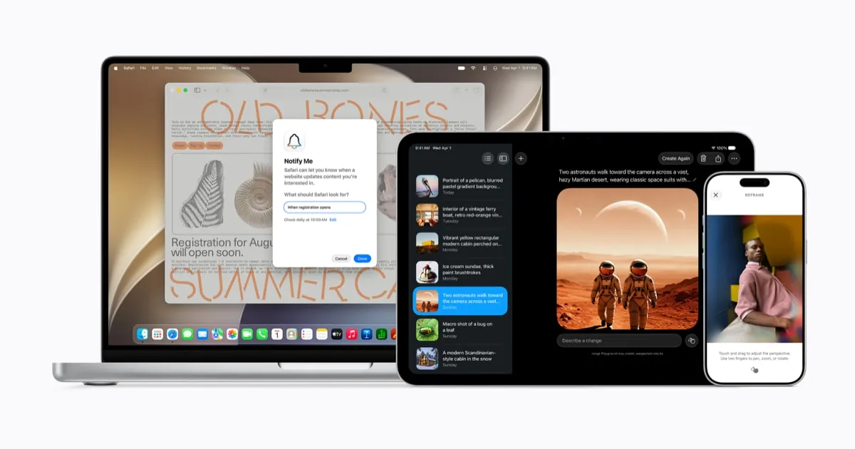 Apple Intelligence interface displayed on an iPhone, iPad, and Mac screen