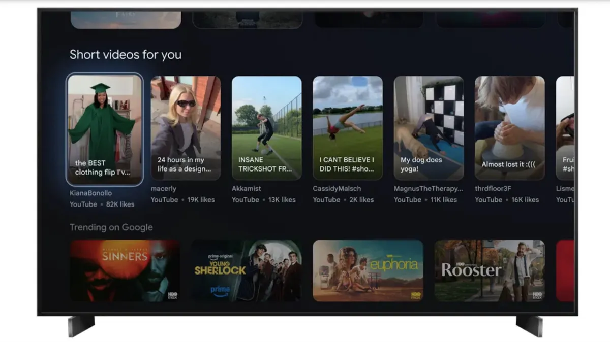 Google TV home screen displaying YouTube Shorts videos alongside newly added generative AI features.