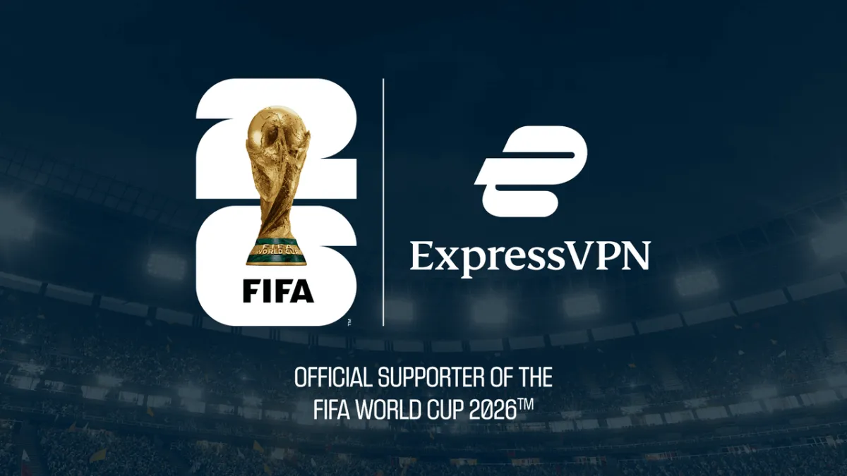 This banner announces the ExpressVPN partnership with the FIFA World Cup 2026 to promote network security for fans.