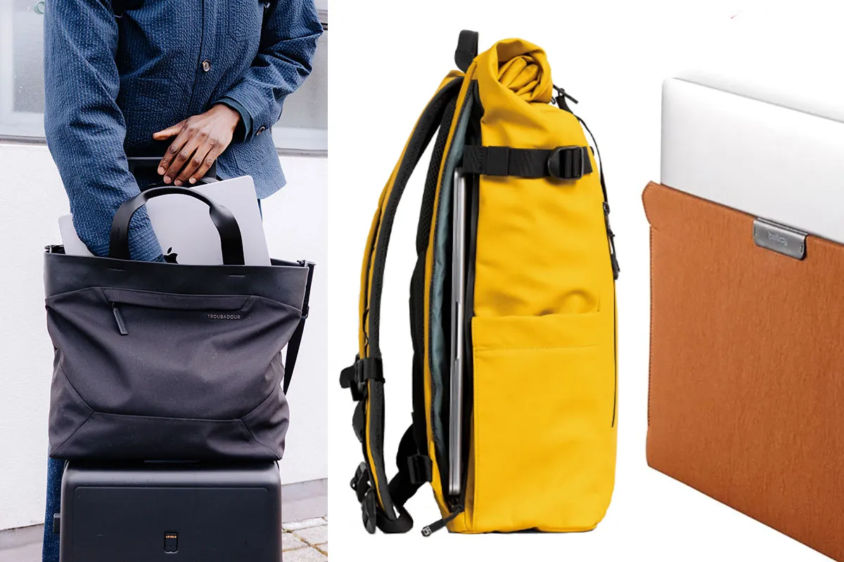 Ergonomic laptop carrier with padded suspension straps, recycled textile panels, and a secure MacBook compartment.