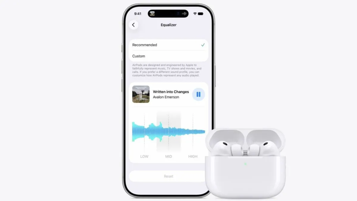 The settings interface displays the new custom equalizer controls for Apple AirPods audio tuning.