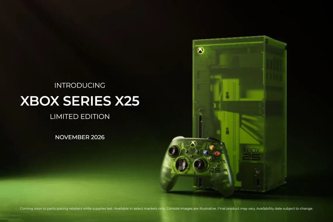 Translucent green Xbox Series X25 limited edition console with commemorative quarter century design elements.