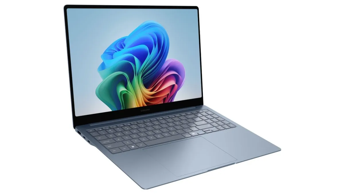 The Samsung Galaxy Book 6 Edge laptop is displayed open with its silver chassis and keyboard visible.