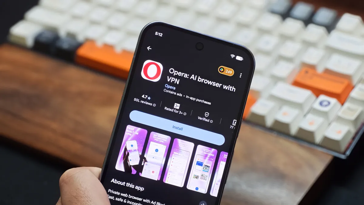 Opera Android home screen displays Google AI Mode shortcut, customizable speed dial icons, and FIFA World Cup 2026 tracker.