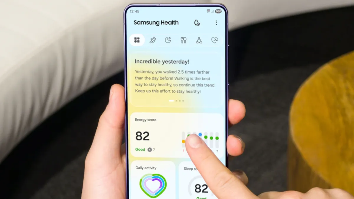 The Samsung Health app displays Vitals, Heart Health Score, and Daily Cardio Load tracking features.