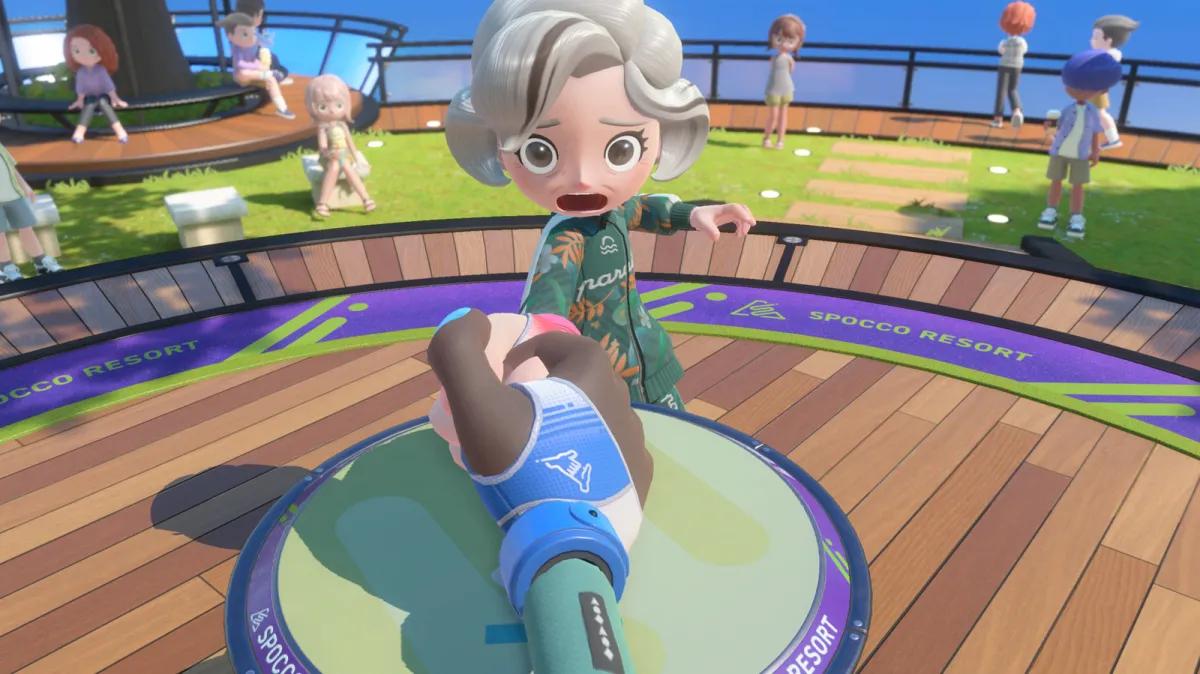 Nintendo Switch Sports Resort gameplay showcasing Joy-Con 2 motion controls for tennis, boxing, and skateboarding.