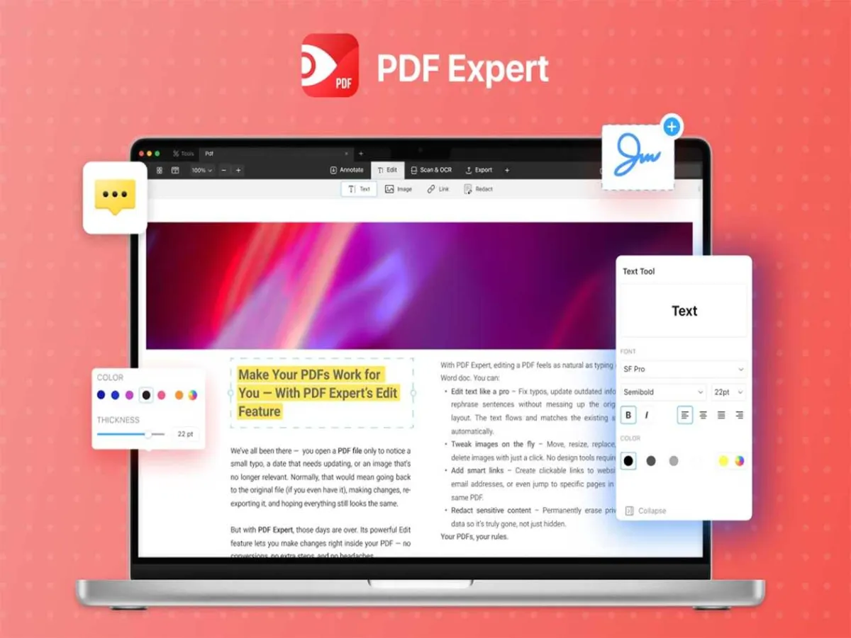 The PDF Expert interface is shown next to Adobe Acrobat for comparison.