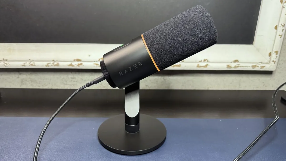 Razer Seiren V3 Pro microphone featuring a zinc chassis and dual USB-C plus XLR connection ports.