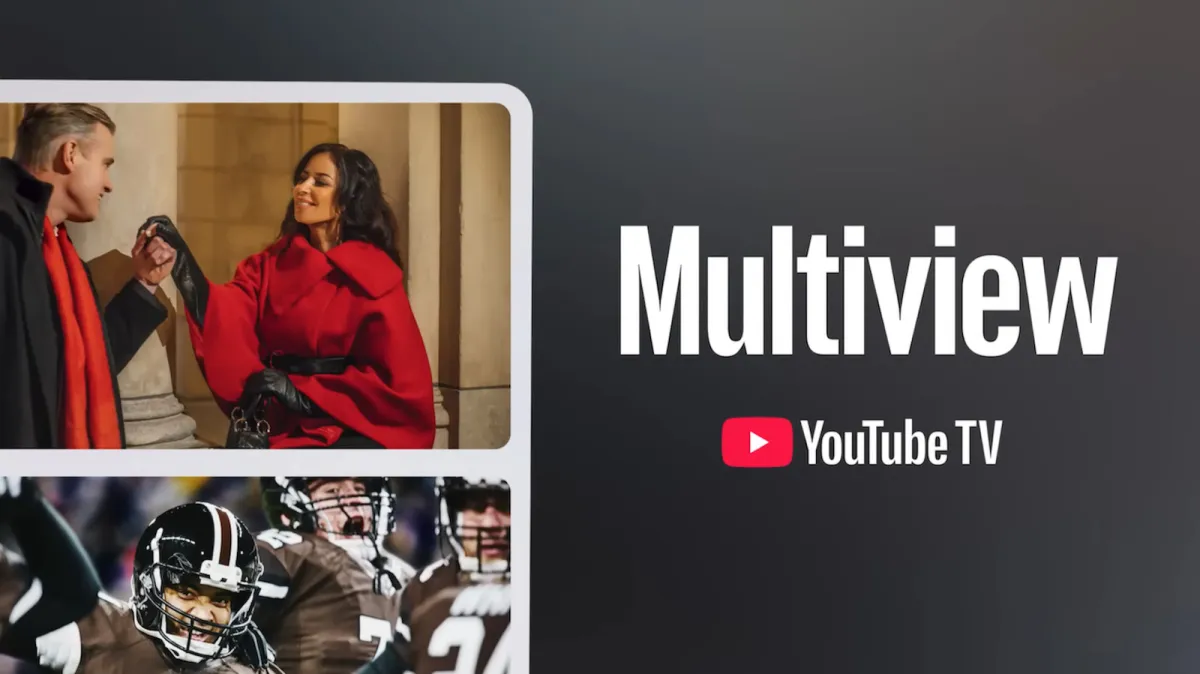 The YouTube TV multiview interface displays multiple live channels side by side.