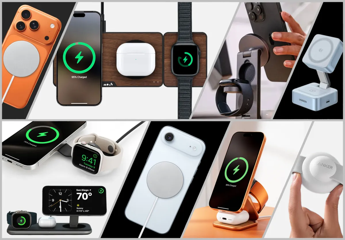 Various MagSafe and Qi2 compatible wireless chargers are arranged on a flat surface.
