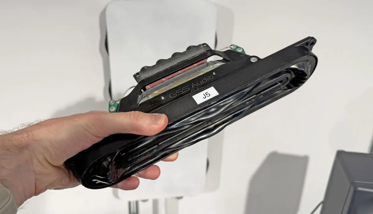 The GSS Audio Model S1 bass driver operates inside a 1.75-liter enclosure for space-constrained home theater setups.
