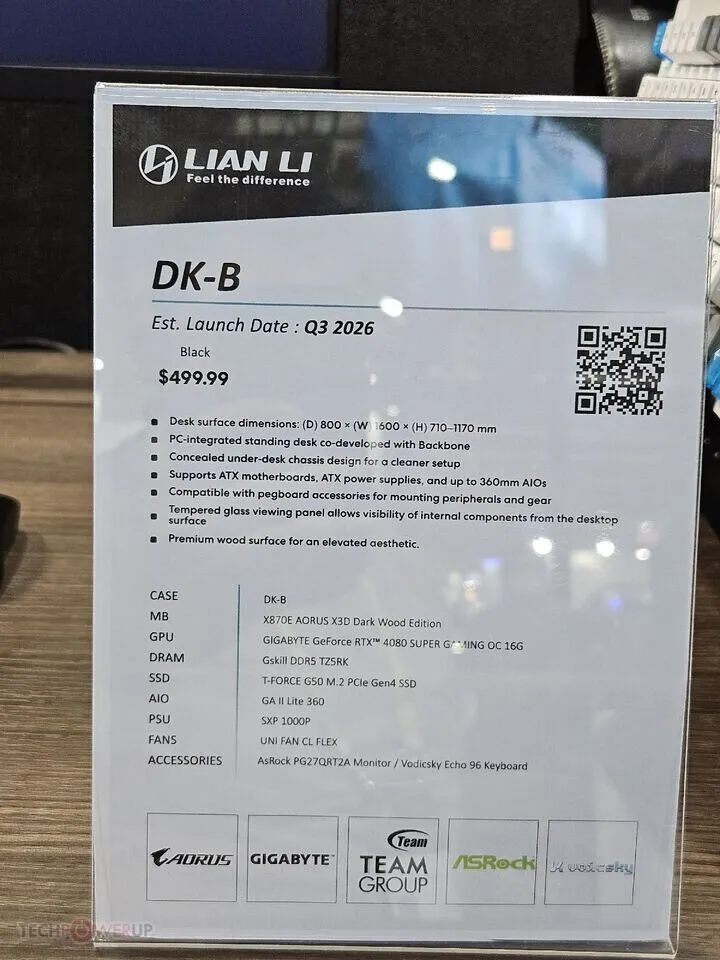 Lian Li DK-B motorized sit-stand desk featuring a built-in desktop computer chassis.