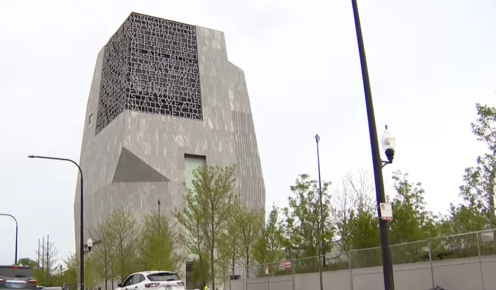 Obama Presidential Center monolithic architecture with interactive exhibits and recreational spaces.
