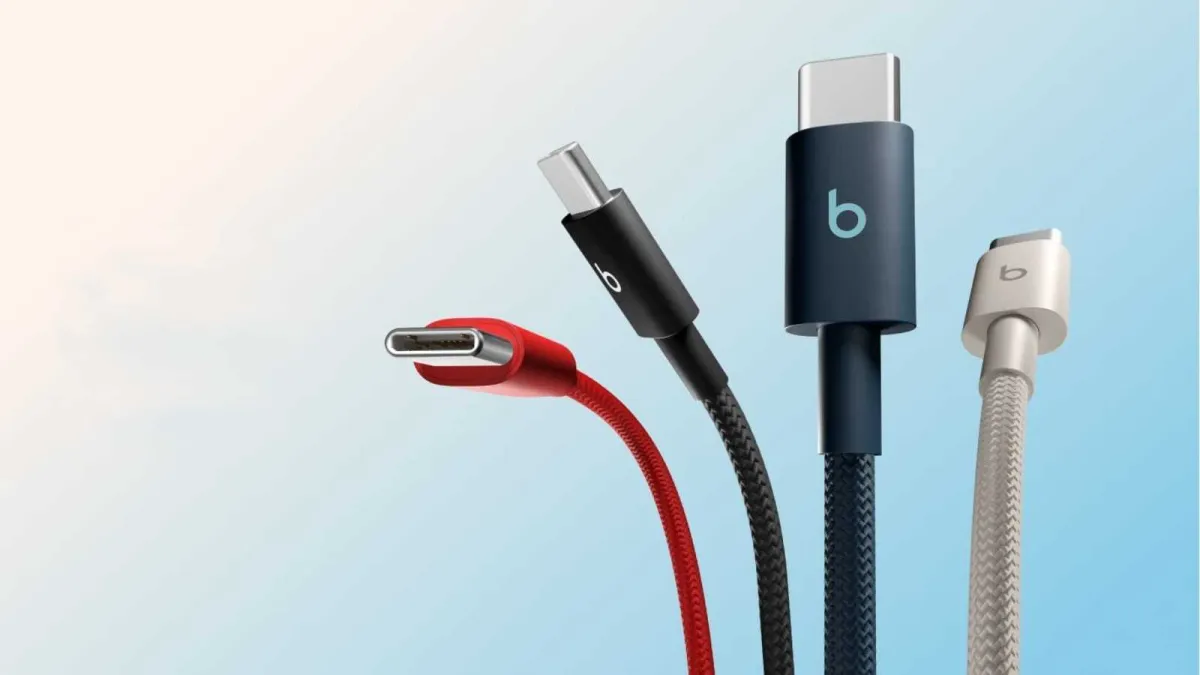A ten foot braided USB-C cable with silver connectors rests on a light surface.