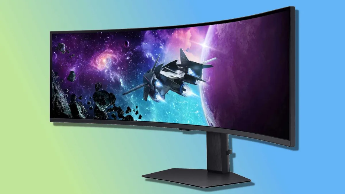 Samsung Odyssey G9 49-inch curved monitor displaying a desktop screen