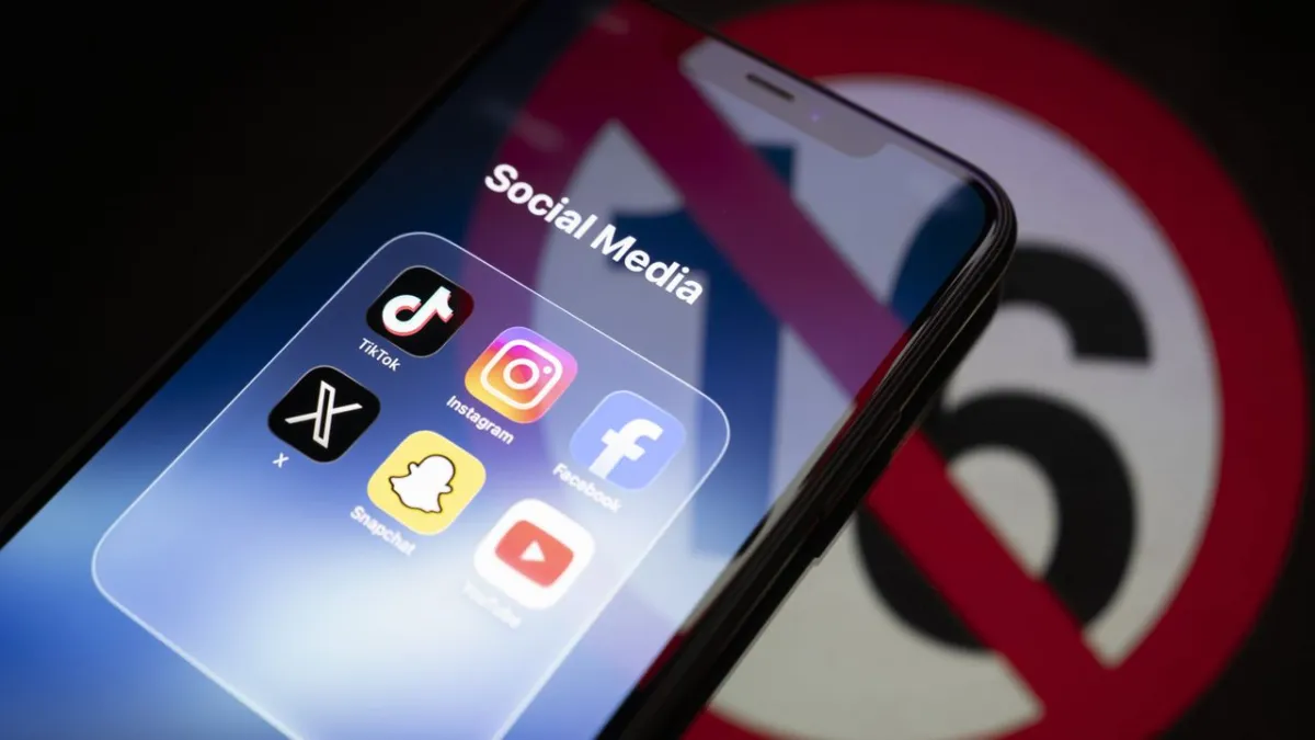 Illustration of age verification systems and cybersecurity concerns surrounding the UK teen social media ban.
