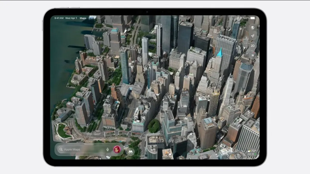 Apple Maps Flyover displays Gaussian Splatting technology with sharp architectural details and realistic lighting in iOS 27.