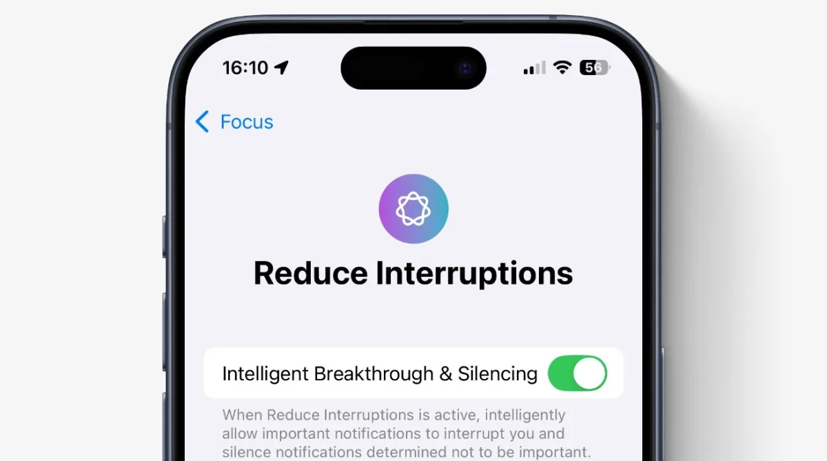 The interface displays the iPhone settings menu for configuring the Reduce Interruptions focus mode.